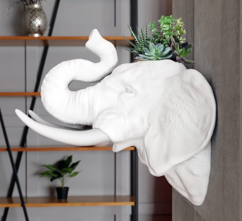 Elephant head wall planter, trunk raised,flower vase, pot, jungle animal Head decor, home & living,safari, succulent,cactus,, 3d printed