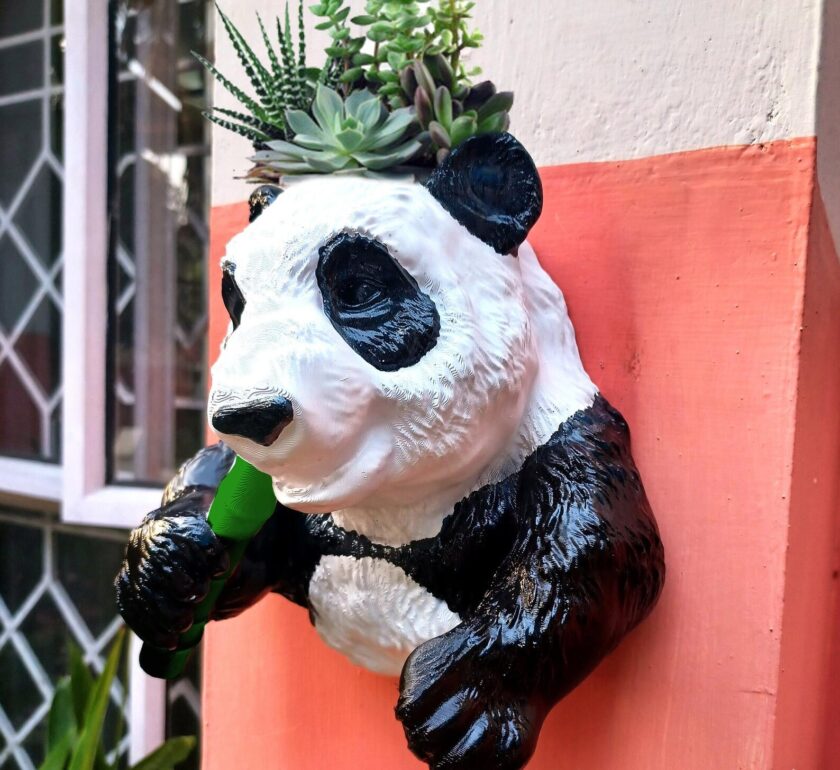 Panda head planter wall mount, black panda pot, bear head flower vase, white faux taxidermy, animal wall art, sculpture