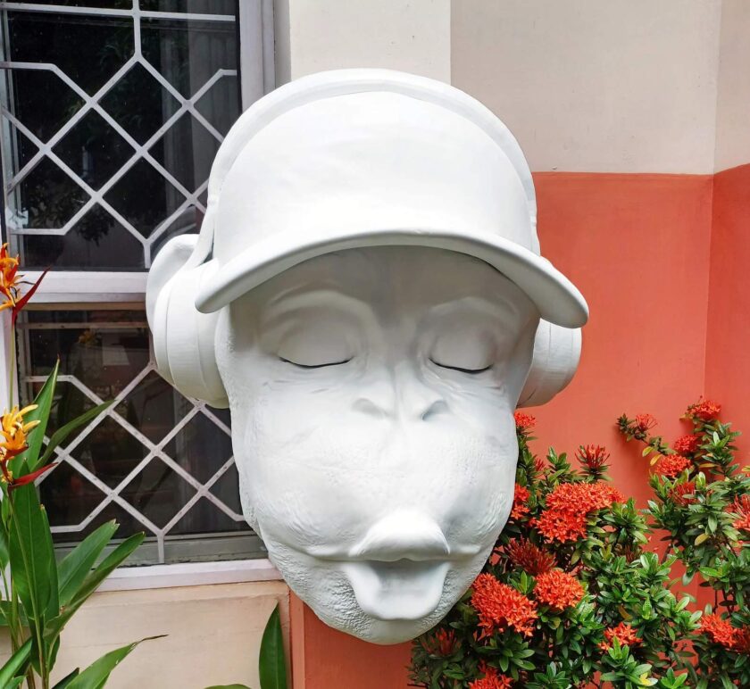 Monkey head wall art, mounted, listening to music and whistling with earphones, faux taxidermy, 3D printed, multiple custom sizes, metaverse - Image 5