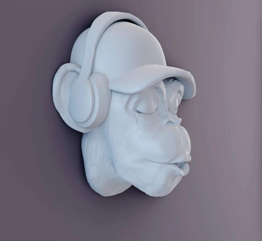 Monkey head wall art, mounted, listening to music and whistling with earphones, faux taxidermy, 3D printed, multiple custom sizes, metaverse - Image 3