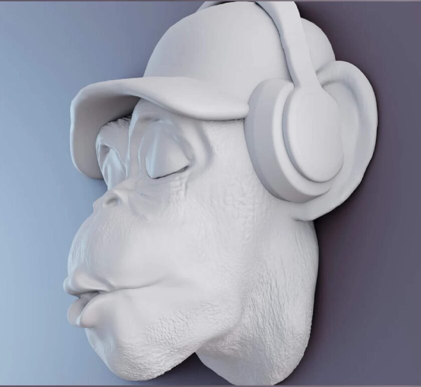 Monkey head wall art, mounted, listening to music and whistling with earphones, faux taxidermy, 3D printed, multiple custom sizes, metaverse - Image 2